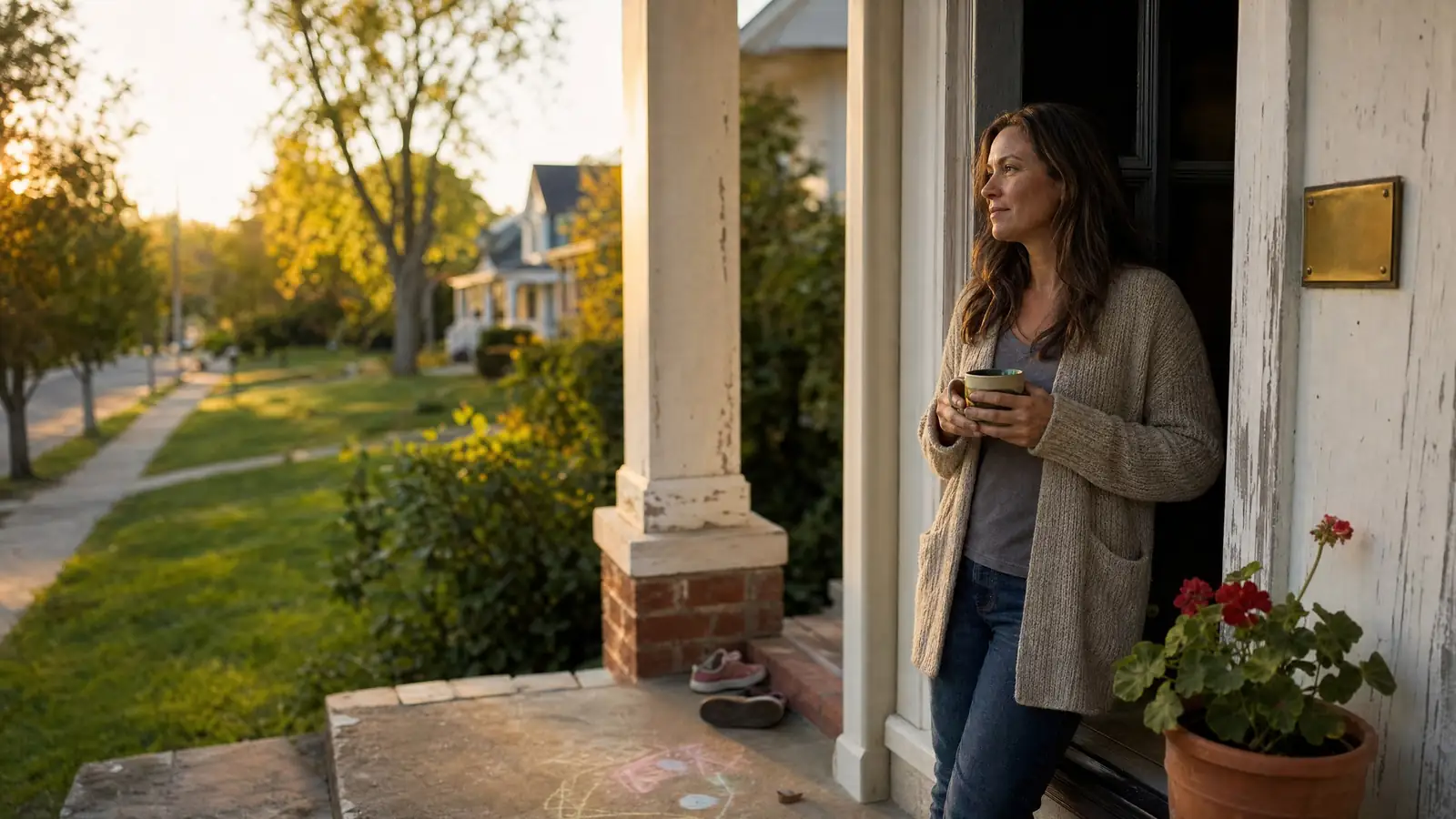 A woman on the porch of her own house in late-afternoon light, holding a mug, looking down a quiet street. Beside her door is a small brass plate with nothing written on it.