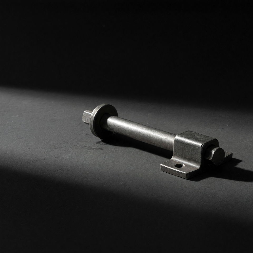 A heavy steel deadbolt lying on a dark surface, lit from one side.