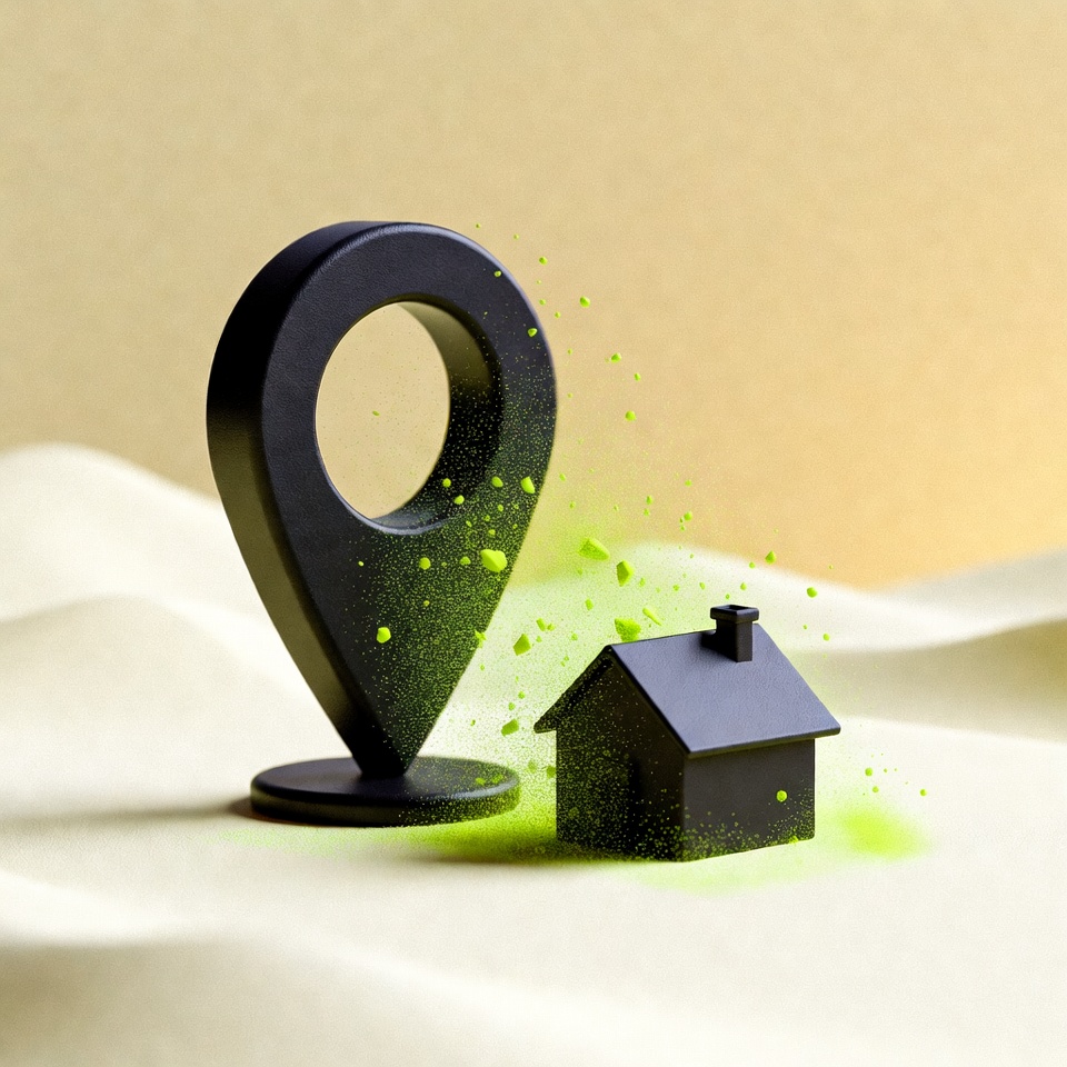 A location pin and house model dissolving into green particles — your records coming off the map