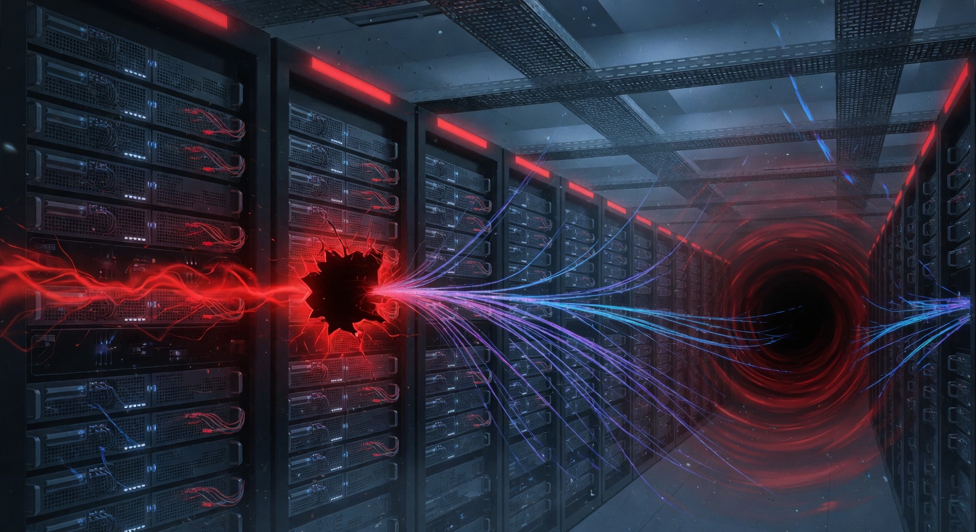 Supercomputer/server-rack illustration with breach overlay
