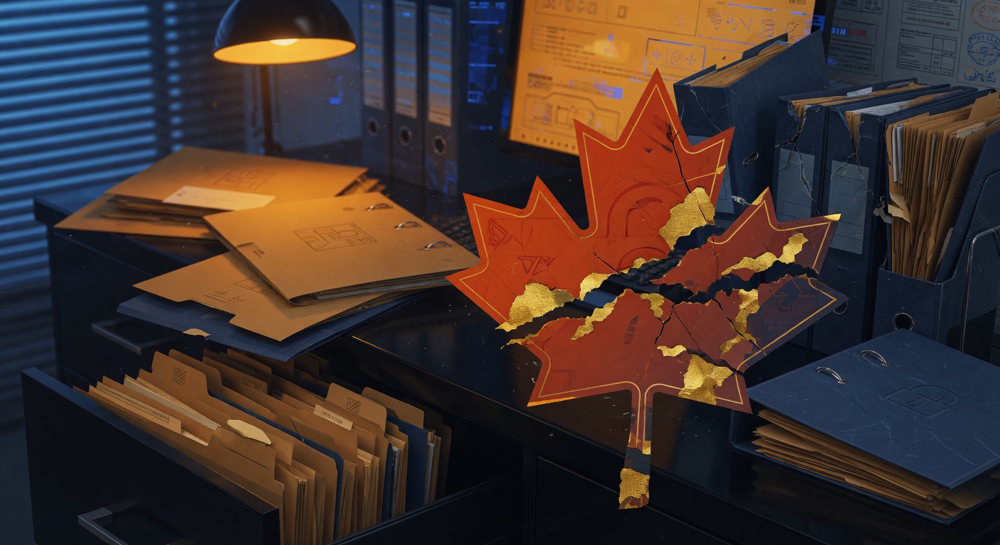 Maple-leaf flag with investment chart breach overlay