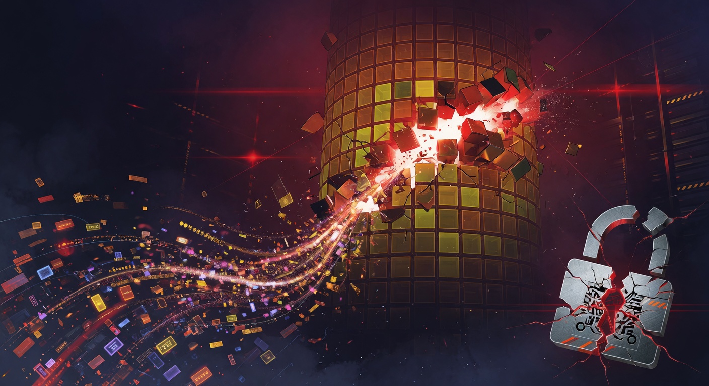 Pile of login-icon credentials with red warning tape and binary background