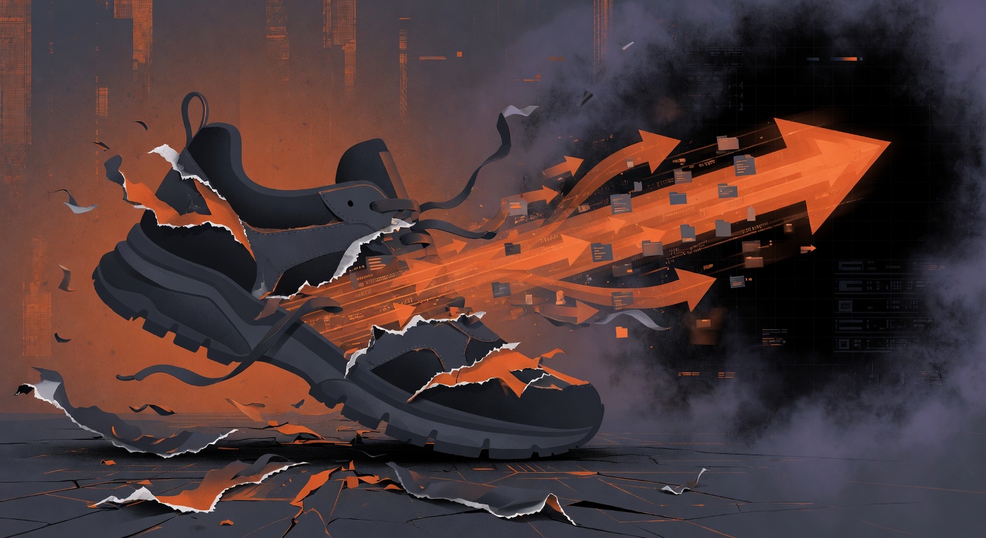 Nike logo with digital chain-break and exfiltration arrow