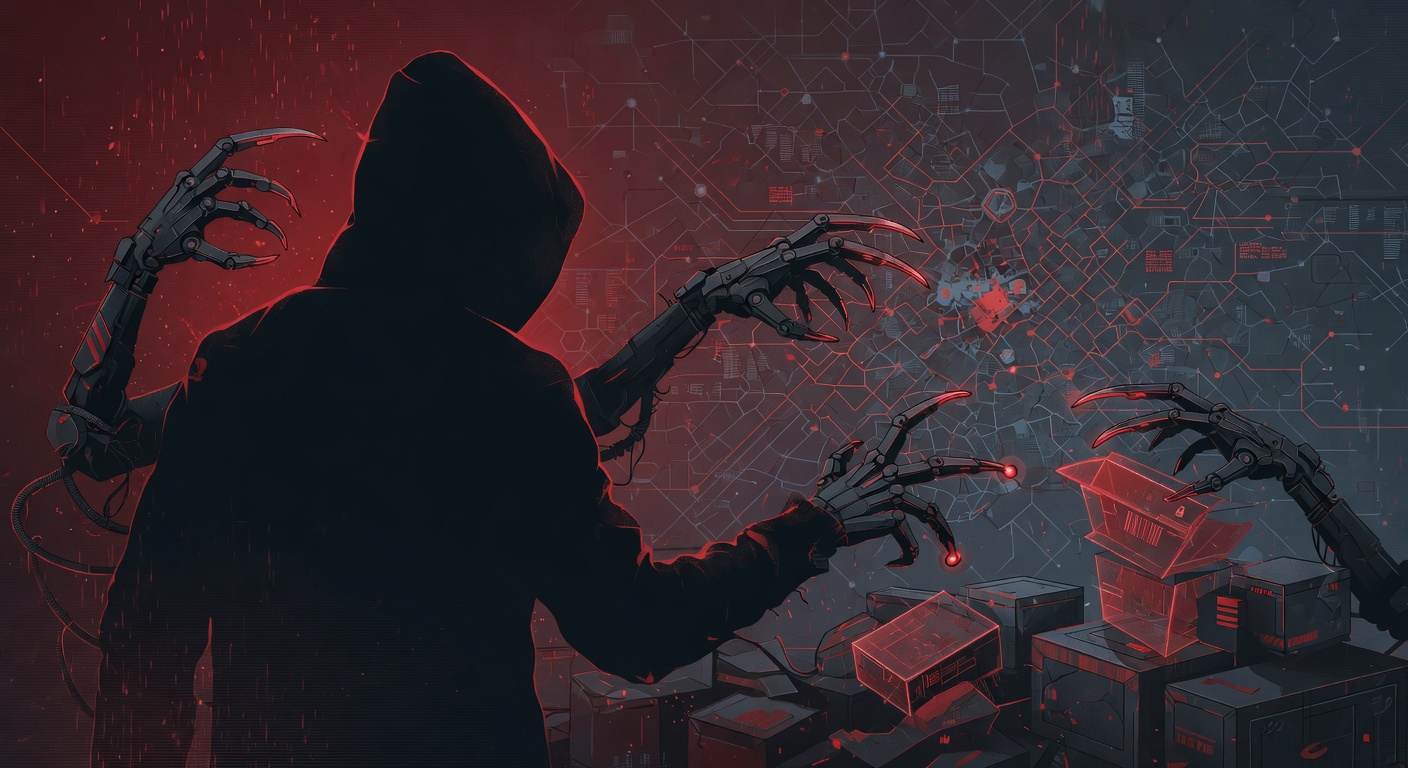Threat-actor masked silhouette with multiple corporate logos crossed out
